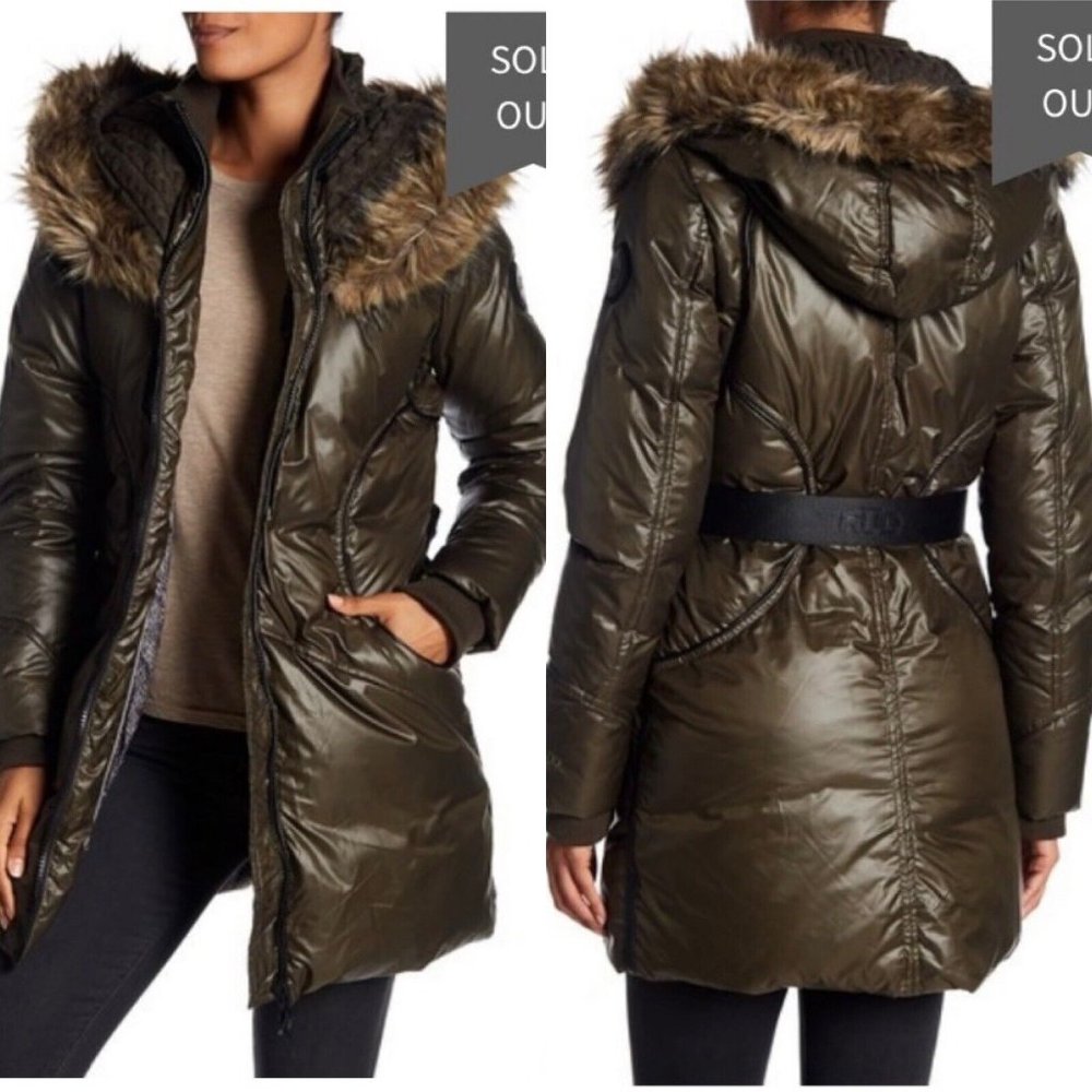 Rudsak Puffer Parka Down Jacket (Size M) Green Valente Belted Hooded Ski Coat